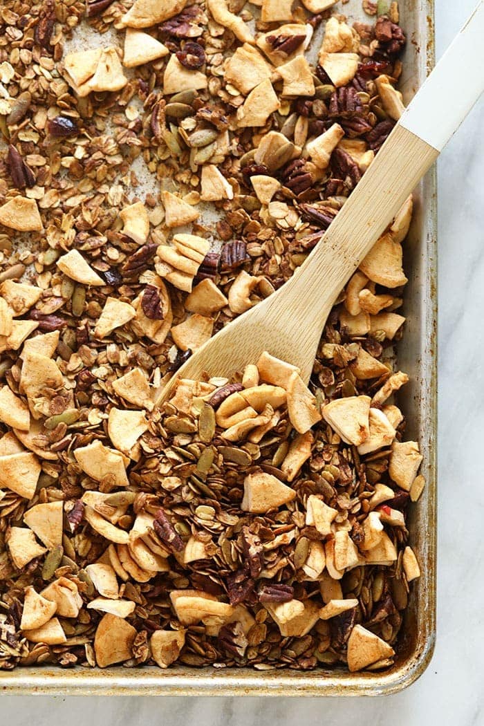 Granola on a baking sheet.