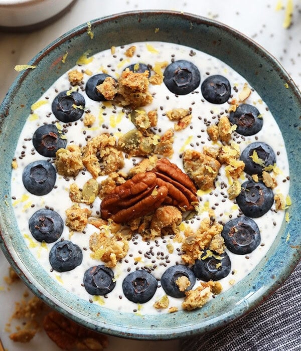 Chia Yogurt Power Bowl topped with blueberries and granola.