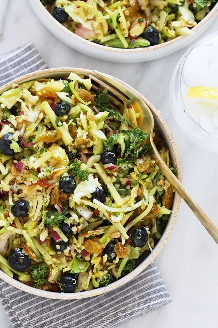 The superfood salad of all superfood salads is here! Packed with shaved brussels sprouts, kale, blueberries, and nuts and seeds with a ginger turmeric dressing, this Superfood Detox Salad will please a crowd. Make this Superfood Detox Salad today! Detox Salad