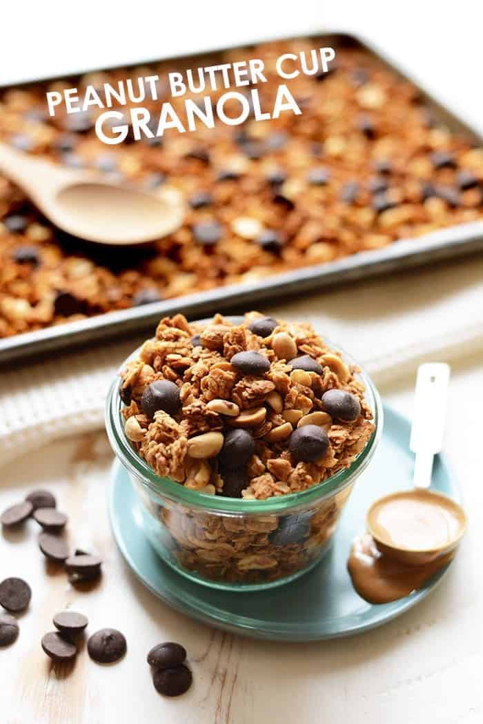 This granola recipe is a peanut butter cup in granola form! Crunchy, peanut-y and oh so delicious. Top your smoothie or yogurt with this peanut butter cup granola for the best breakfast ever. Peanut butter cup granola in a jar.