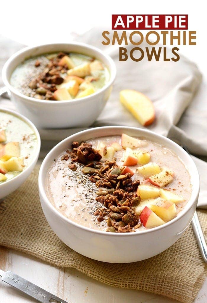 Love apple pie? Now you can eat it for breakfast and not feel an ounce of guilt! This apple pie smoothie bowl is made with real food and classic apple pie flavor! apple pie smoothie bowl with toppings