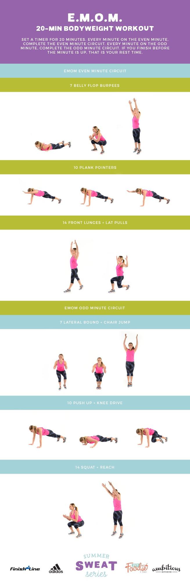 This EMOM (Every Minute On the Minute) 20-Minute Workout requires only your bodyweight and will get your heart pounding!