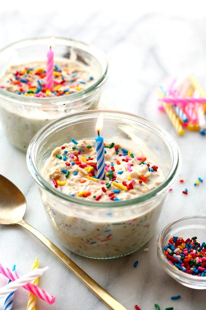 Celebrate your birthday the right way and start off with these HEALTHY Birthday Cake Batter Overnight Oats. They're prepped in less than 5 minutes and packed with healthy ingredients.