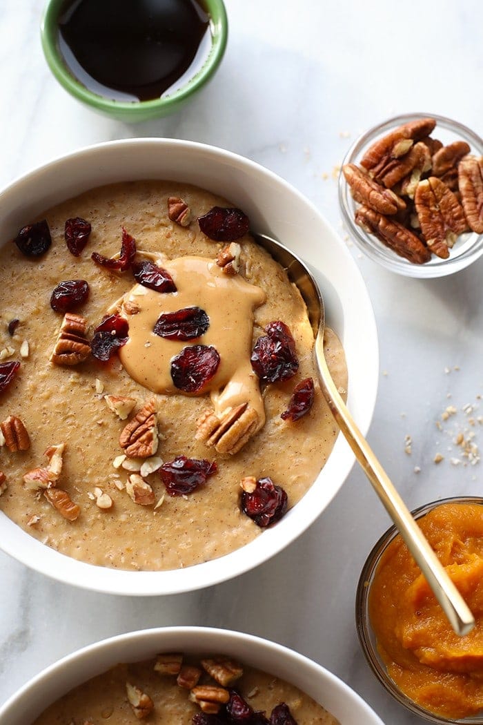 This Pumpkin Pie Slow Cooker Oatmeal is creamy as can be and full of flavor. It's made with steel cut oats, pumpkin puree, pumpkin spice, and a hint of maple.
