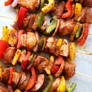 kabobs on countertop.