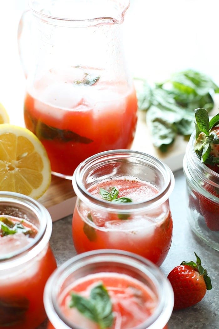 homemade strawberry basil lemonade in glasses ready to be enjoyed