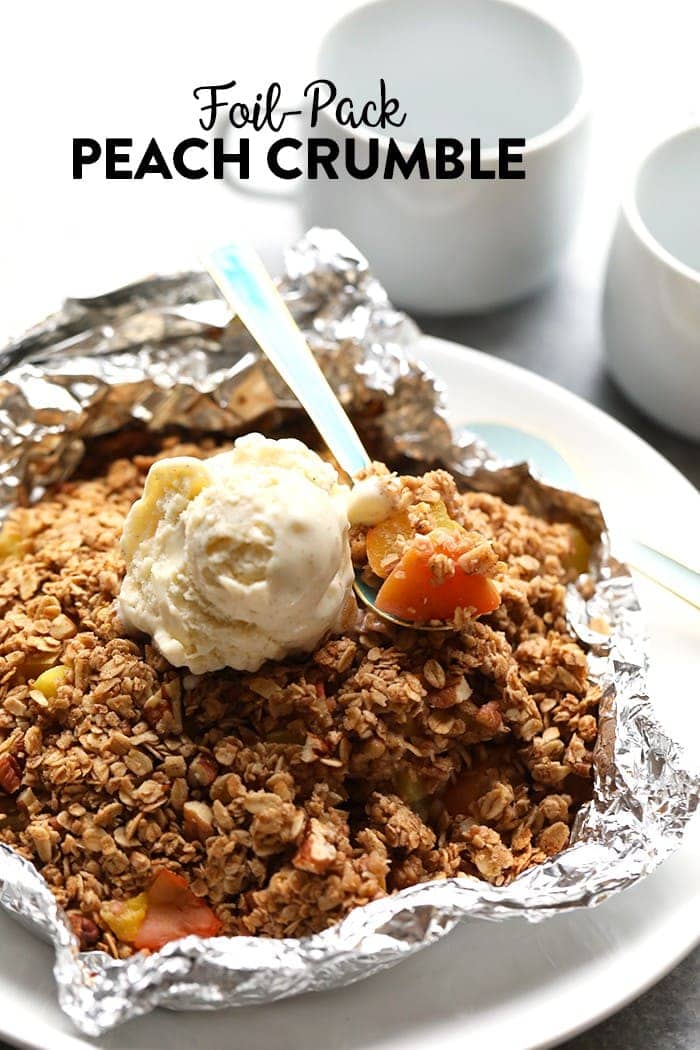 Dessert never tasted so good with this incredible foil pack peach crisp recipe! Made with juicy peaches and a simple crumble topping this summer dessert is healthy and delicious. peach crumble in foil pack.