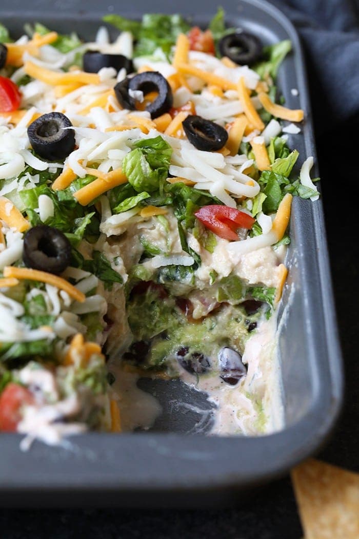 healthy taco dip in a pan