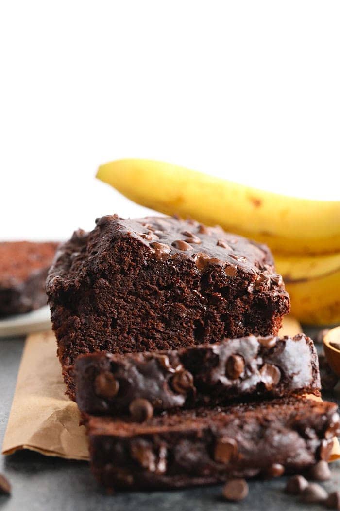 Chocolate Chocolate Chip Banana Bread - the loaf recipe that keeps on giving. If you love classic banana bread, then this healthy chocolate chocolate chip banana bread recipe is going to knock your socks off! Chocolate Chocolate Chip Banana Bread