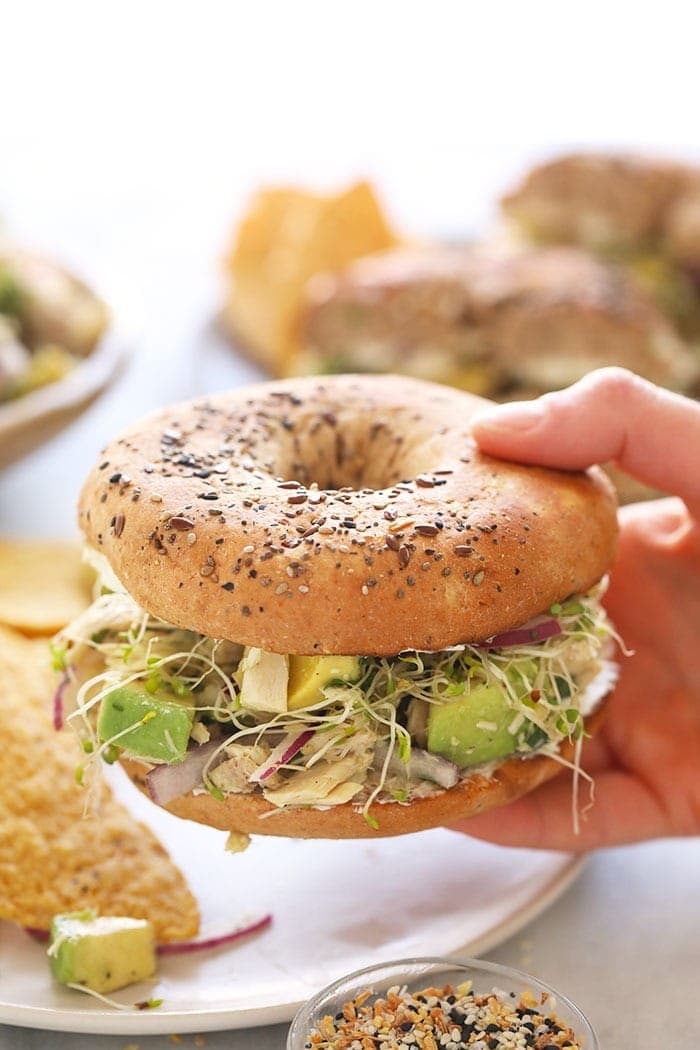Healthy tuna salad lovers, meet your new favorite sandwich! This avocado tuna salad sandwich is packed with protein and fresh greens, and served on a whole wheat everything bagel. Pair with your favorite veggies or tortilla chips, and lunch is served! avocado tuna salad sandwich