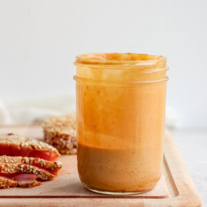 a jar of peanut butter in ahi poke bowl.