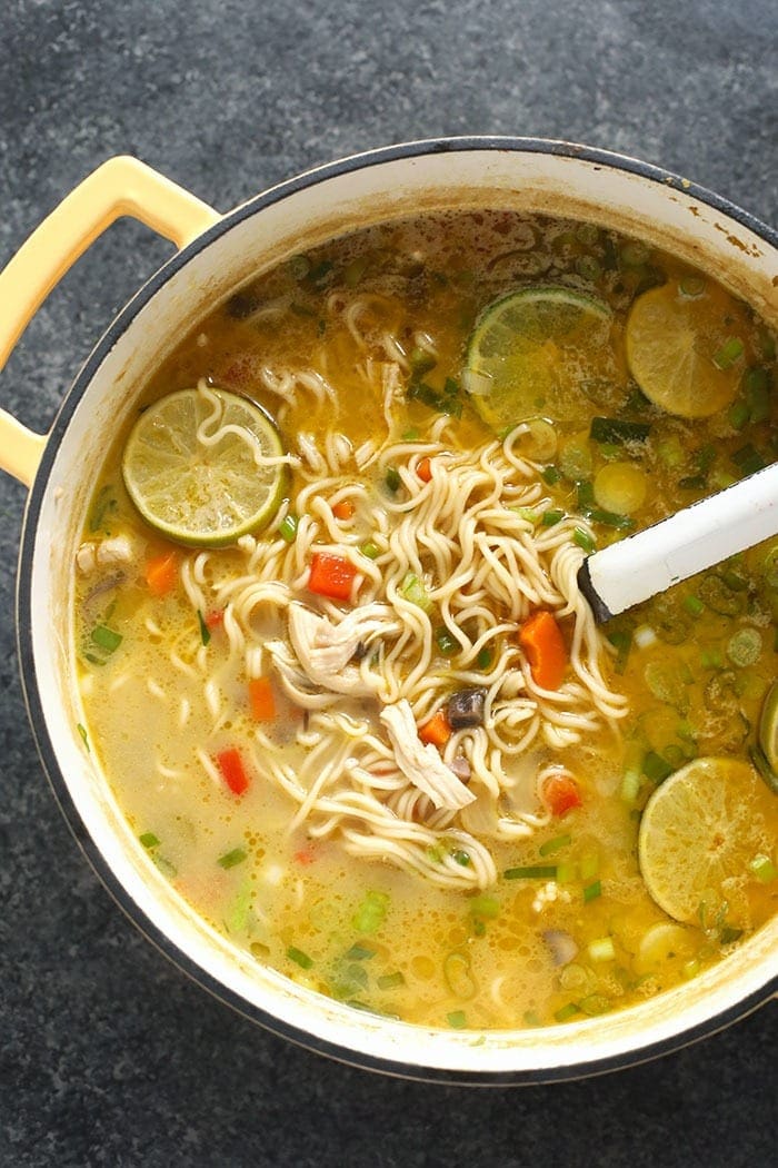 chicken noodle soup in a stock pot