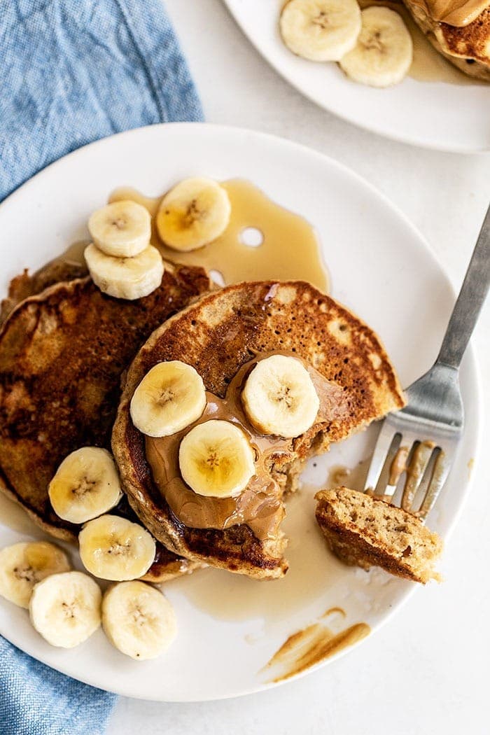 A stack of peanut butter banana pancakes