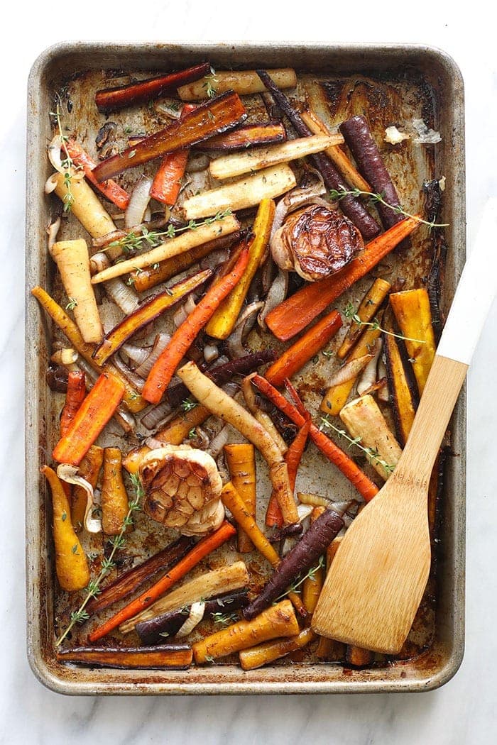 roasted carrots on a baking tray