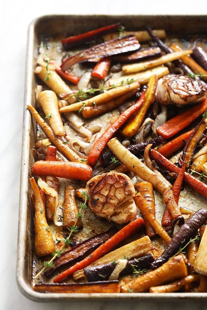 balsamic roasted carrots on a baking pan