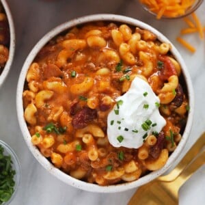A scrumptious chili mac recipe with sour cream.