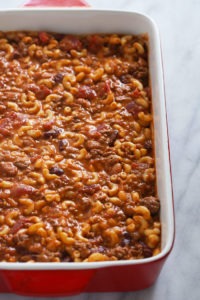A delicious chili mac recipe served in a casserole dish.