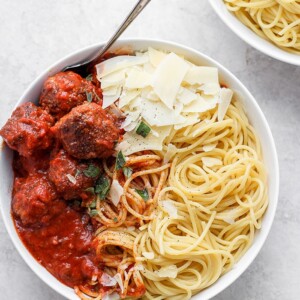 Spaghetti and meatballs in a bowl.