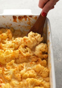 cauliflower mac and cheese in a casserole dish