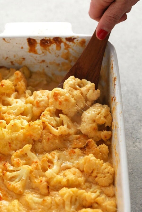 cauliflower mac and cheese in a casserole dish