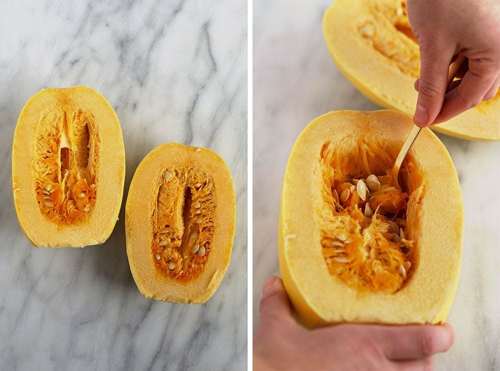 Scooping out the innards of spaghetti squash