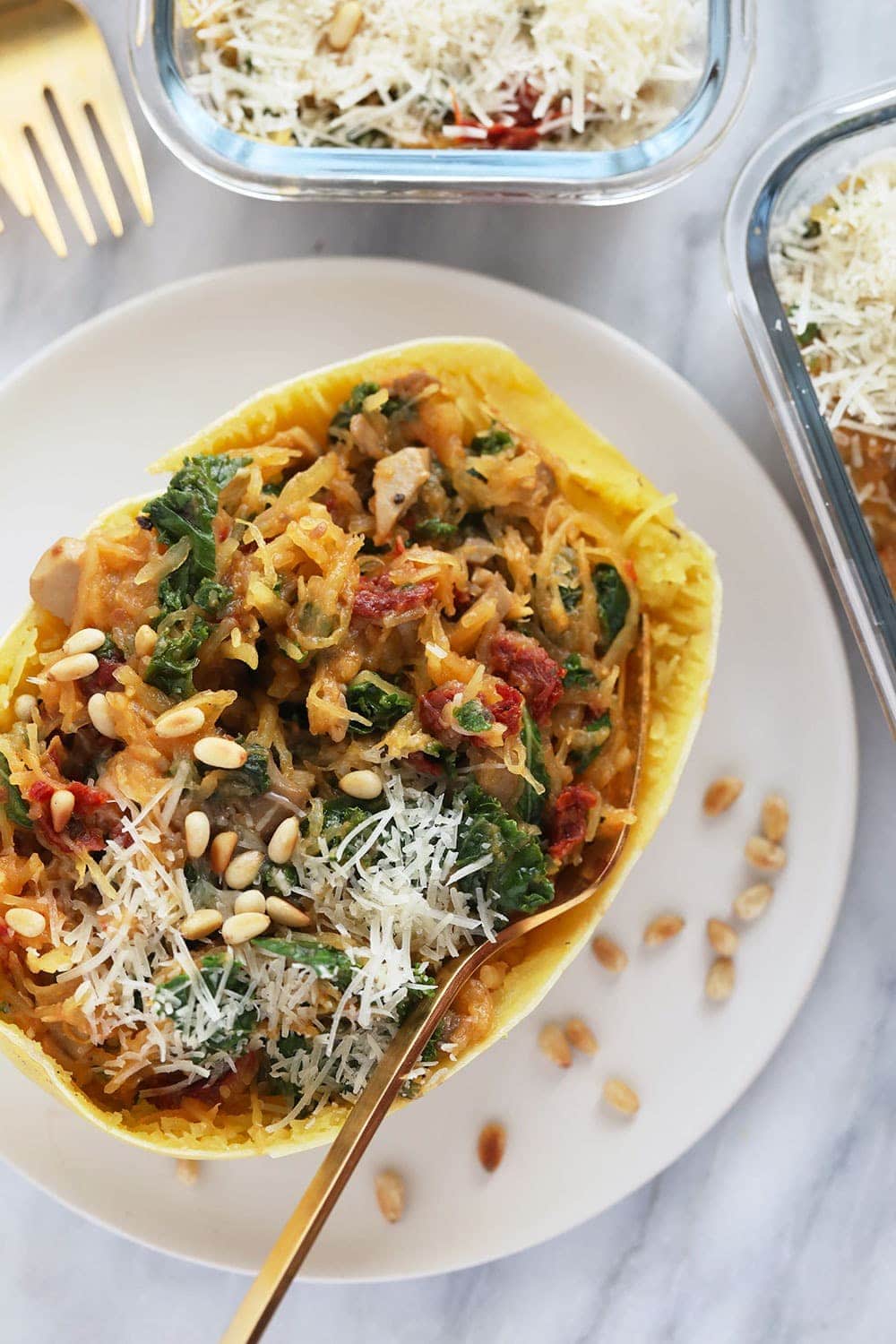 Stuffed Instant Pot Spaghetti Squash on a plate