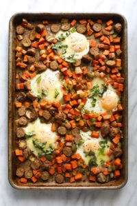 sweet potato hash on baking sheet.