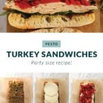 Turkey sandwiches are displayed on a cutting board.