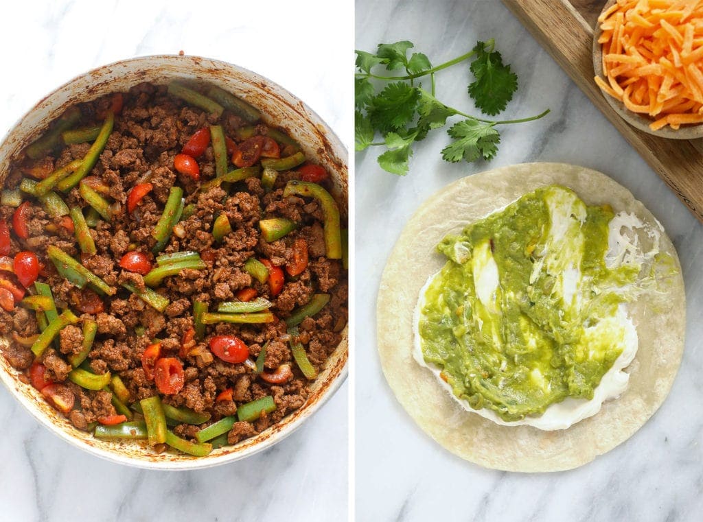 chicken quesadilla ingredients spread on a tortilla
