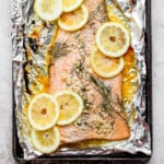 baked salmon in baking sheet