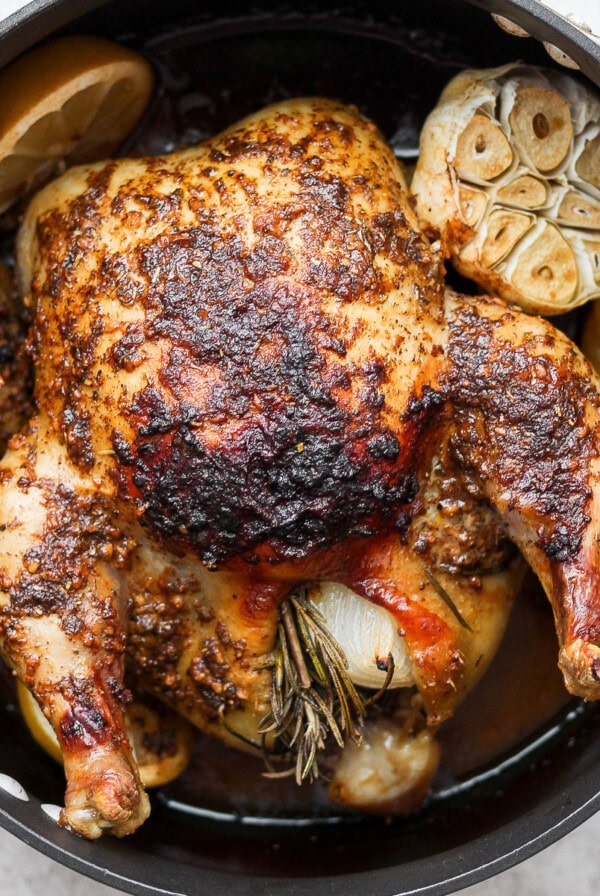 whole roasted chicken in pan