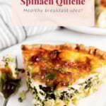 A slice of quiche on a plate.
