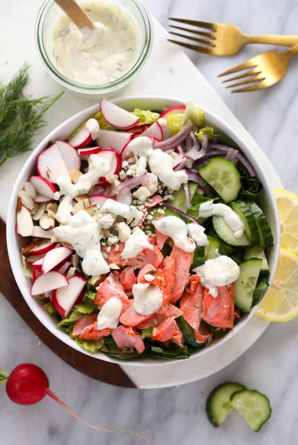 salmon salad in bowl