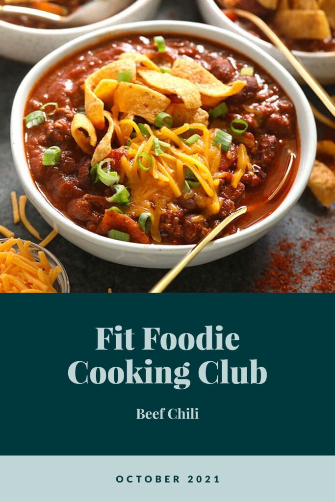 It's officially chili season, people! And for this month's cooking club we're making our famous beef chili recipe. beef chili in a bowl topped with shredded cheese