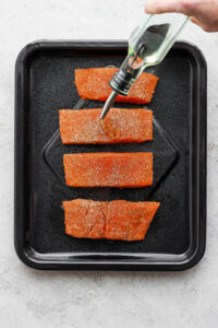 salmon on air fryer basket.
