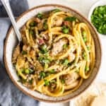 A bowl of pasta with chicken and parsley.