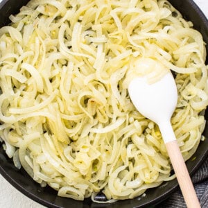Caramelized onions in a skillet.