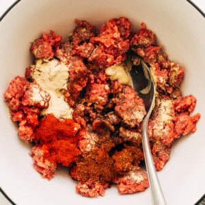 A bowl of meat and spices with a spoon.