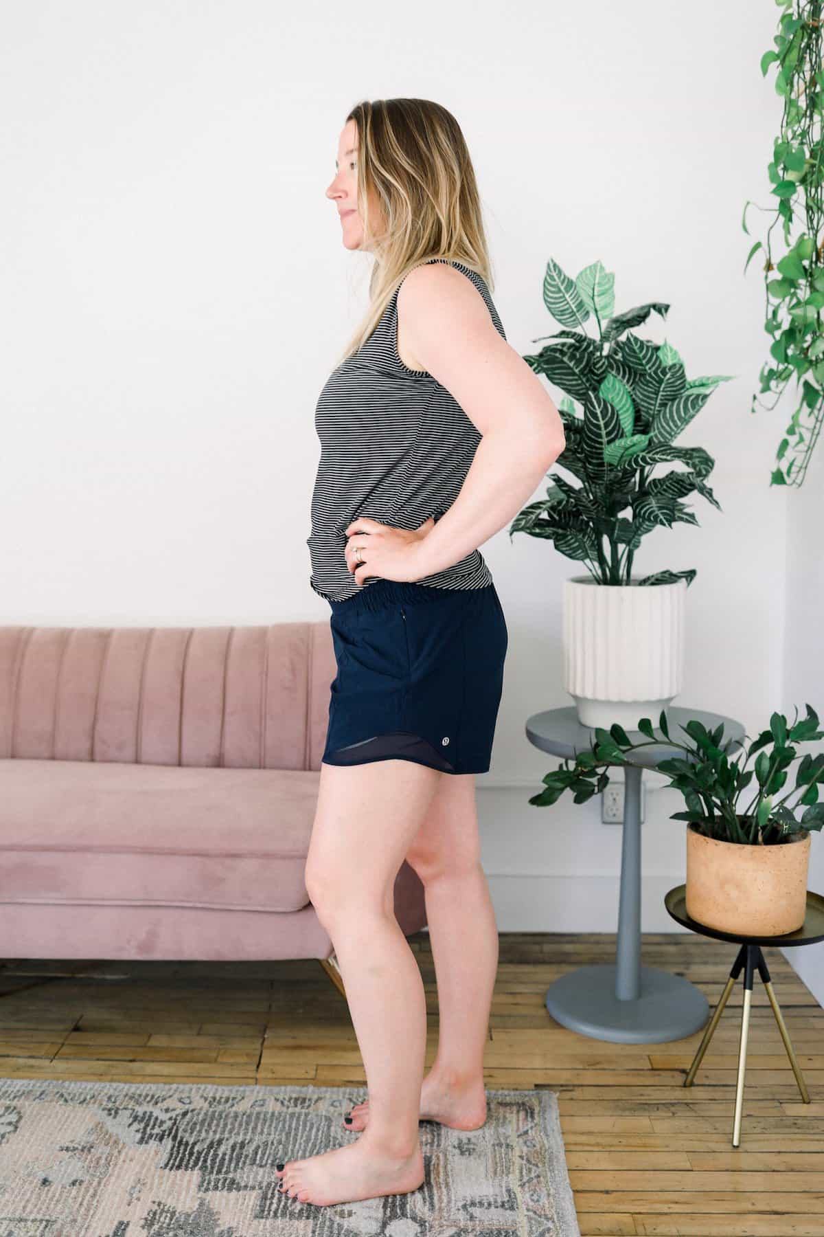 Woman wearing lululemon shorts.