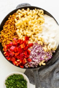 pasta salad in skillet.