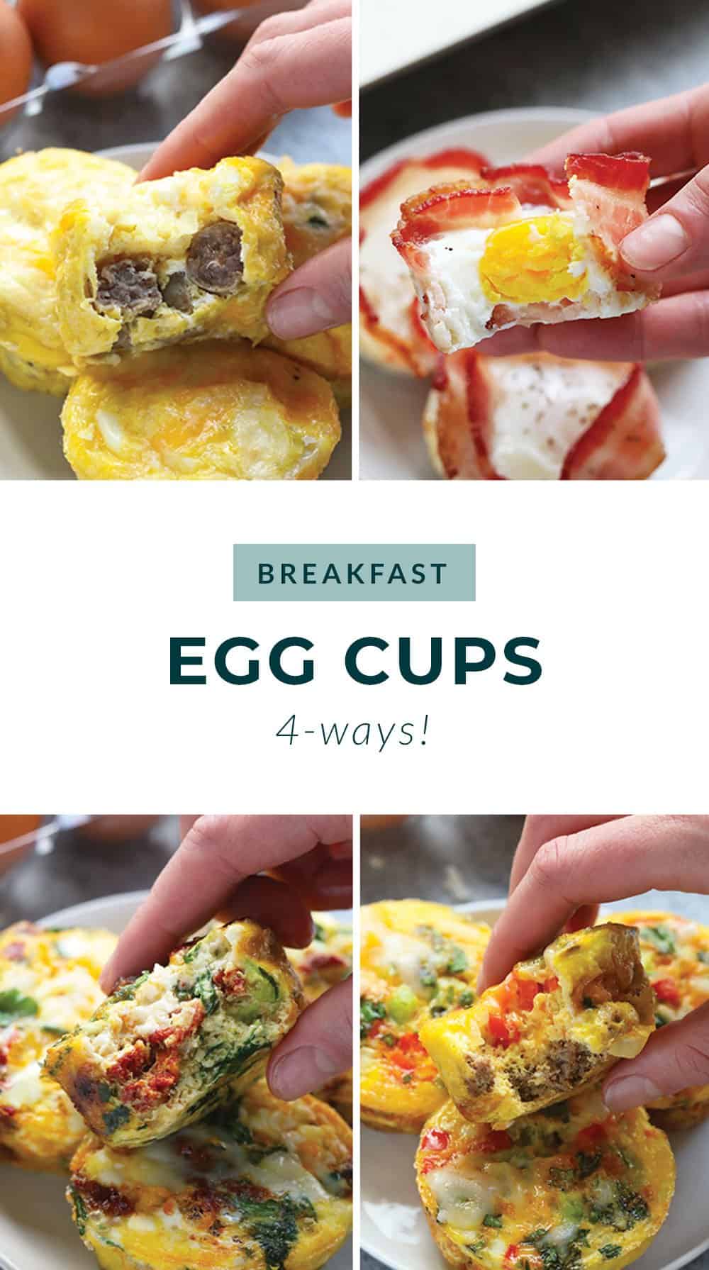 Breakfast egg cups are a high-protein, healthy meal-prep breakfast that you can make every week. Check out our top 4 egg muffin cups! hands holding 4 different egg cups.