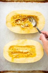 spaghetti squash on baking sheet.