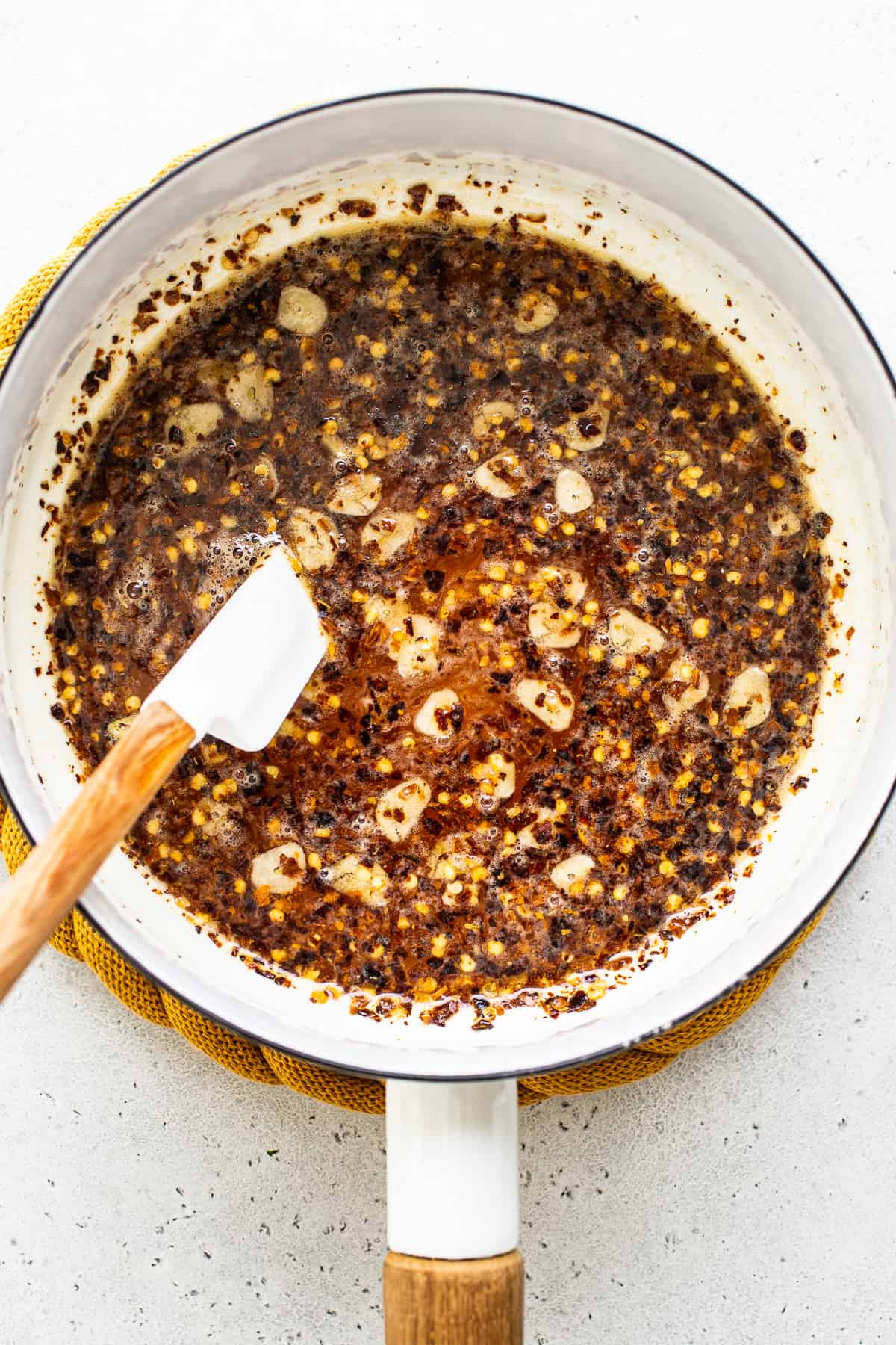 Hot honey in pan.
