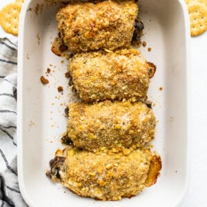 pork chops in casserole dish.