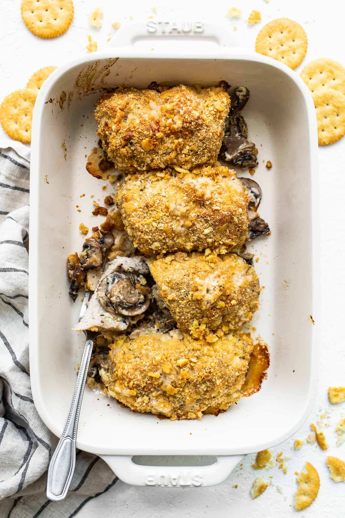 pork chops in casserole dish.