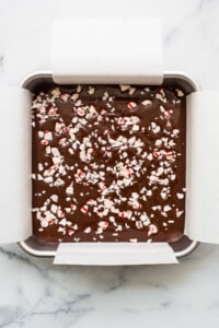 Freezer fudge topped with peppermints.