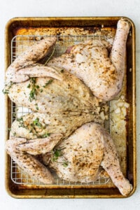 Roasted chicken on a baking sheet with herbs.