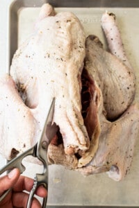 A person cutting a turkey with a pair of scissors.