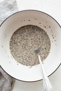 Chia seeds in a bowl with a spoon.