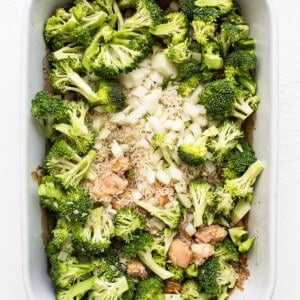 uncooked chicken casserole in dish.